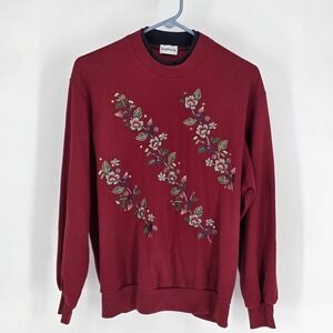 BonWorth Pullover Top Women Medium Burgundy Floral Embroidered Ribbed Grandmacor